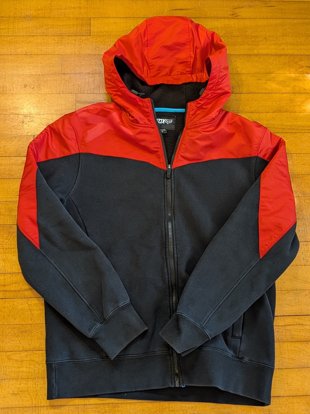 Fox Red and Black Hoodie Zip-Up Sweatshirt Size Large